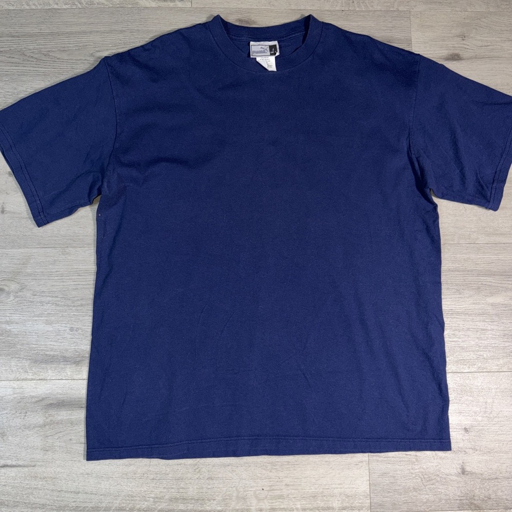 Puma Blank T Shirt‎ Mens Large Blue Essential Logo Tag Made USA Fabric
